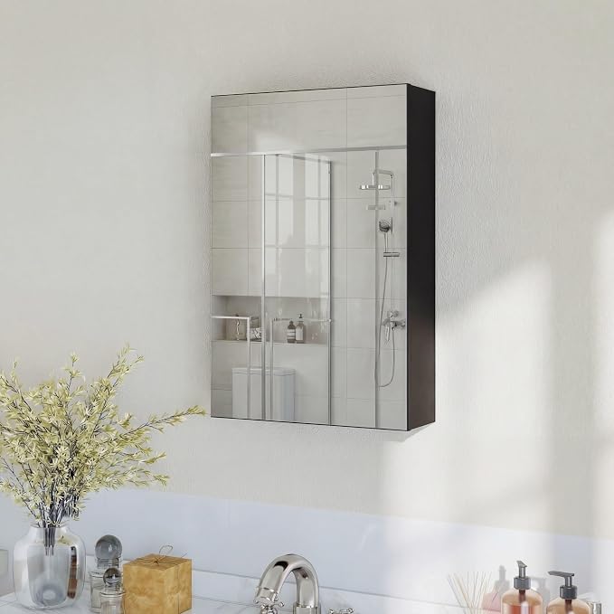 Panana Bathroom Cabinet Medicine Cabinets with Single Mirrored Door Wall Mounted Cabinet with Mirror, Storage Shelf with Adjustable Shelves Storage Organizer Kitchen Cupboard (Black, 15.7x23.6 inch)