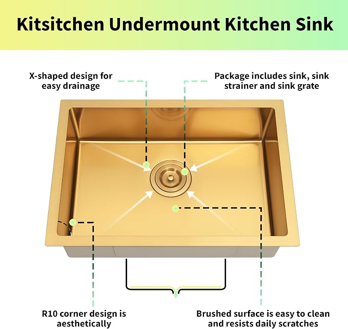 Kitsitchen Gold RV Kitchen Sink 25 x 16, Stainless Steel Single Bowl | 16 Gauge T304 Material Undermount Kitchen Sink, 7" Deep, with Strainer & Bottom Gird,for Outdoor, Bar, Laundry Room and RV