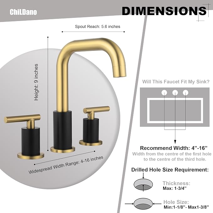 ChiLDano 8 inch Widespread Bathroom Faucet with Drain and Supply Hose | Black and Gold Bathroom Faucet for Sink 3 Hole , 2 Handle Bathroom Sink Faucet CH3166BGB