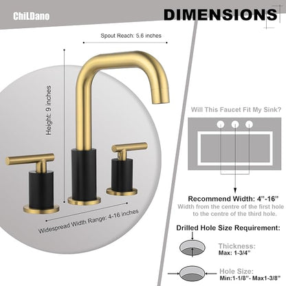 ChiLDano 8 inch Widespread Bathroom Faucet with Drain and Supply Hose | Black and Gold Bathroom Faucet for Sink 3 Hole , 2 Handle Bathroom Sink Faucet CH3166BGB