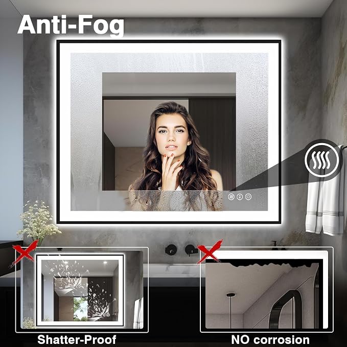 EchosLife 40x32 LED Bathroom Mirrors for Wall - Black Aluminum Framed | Black Frame, Front and Backlit, Anti-Fog, Stepless Dimmable, 3 Colors, Memory, Tempered Glass, UL Listed, Horizontal/Vertical