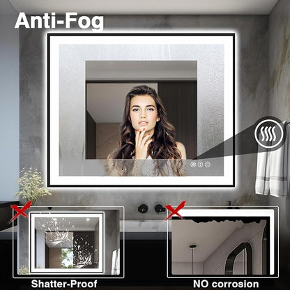 EchosLife 40x32 LED Bathroom Mirrors for Wall - Black Aluminum Framed | Black Frame, Front and Backlit, Anti-Fog, Stepless Dimmable, 3 Colors, Memory, Tempered Glass, UL Listed, Horizontal/Vertical