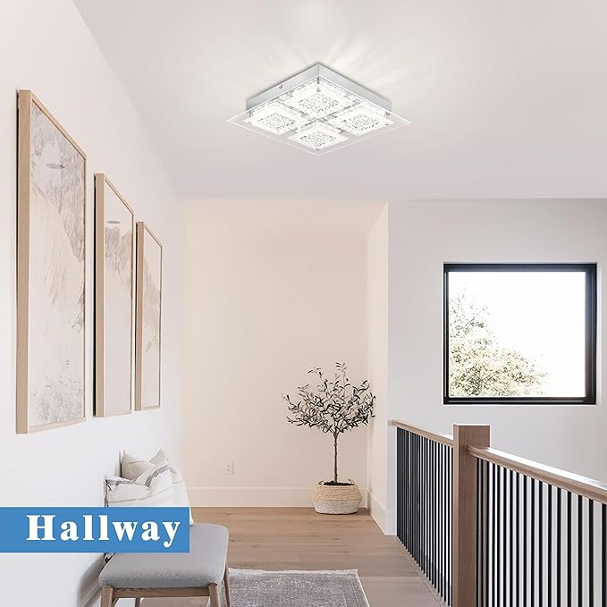 Hallway Light Fixture Crystal Flush Mount Ceiling Lights LED Square Bathroom Ceiling Light Dimmable 14 Inch 4000K Kitchen Ceiling Lighting Foyer Chrome Living Room Light