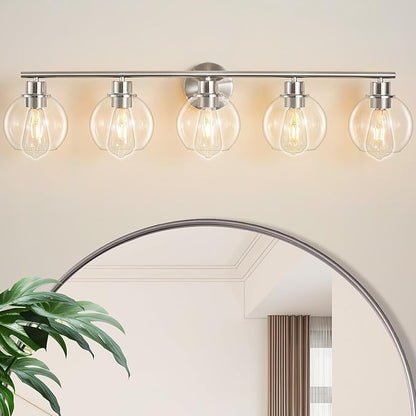 Bathroom Light Fixtures Over Mirror 5-Lights Bathroom Vanity Light with Clear Globe Glass Shade 37.4 inch Modern Brushed Nickel Vanity Lights Wall Sconce Lighting for Bath