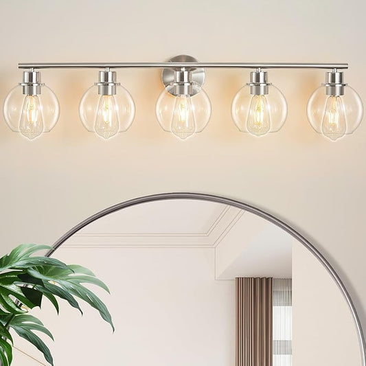 Bathroom Light Fixtures Over Mirror 5-Lights Bathroom Vanity Light with Clear Globe Glass Shade 37.4 inch Modern Brushed Nickel Vanity Lights Wall Sconce Lighting for Bath