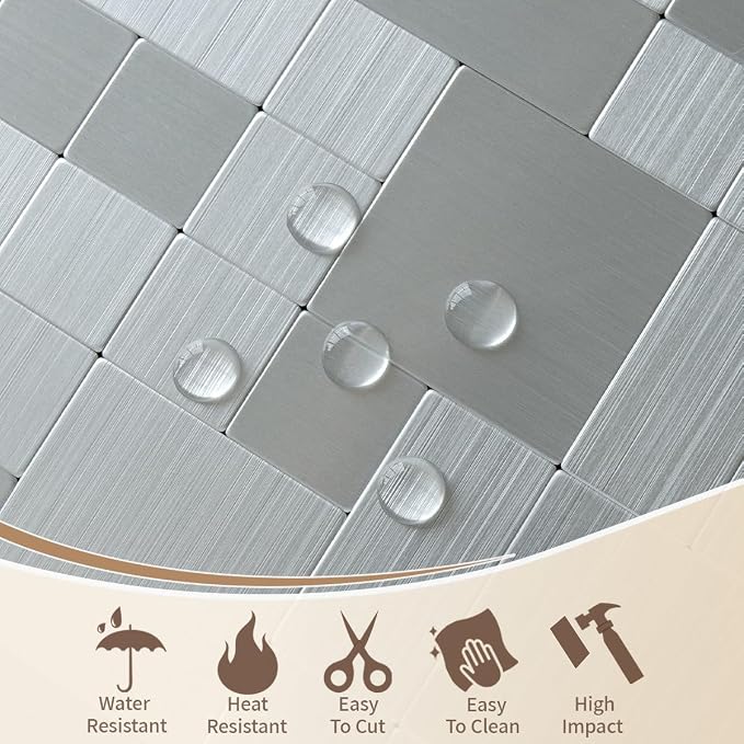 DICOFUN Metal Peel and Stick Tile Backsplash, Stainless Steel Kitchen Metal Backsplash Tile, Stick on Backsplash for Kitchen (10)