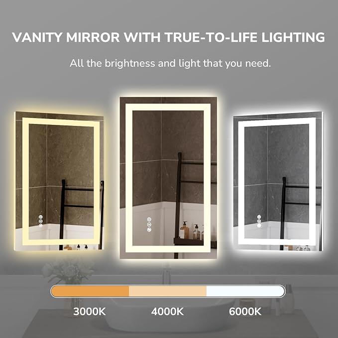 LED Bathroom Mirror 55x30 Inch Tempered Glass - Frameless LED Backlit Lighted Mirror for Bathroom Vanity with Anti-Fog, 3 Colors Dimmable, Memory Function, Wall-Mounted | Tempered Glass - Frameless Backlit Lighted Mirror for Bathroom Vanity with Anti-F...