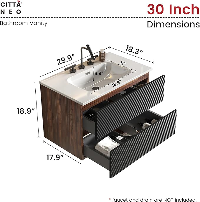 30" Floating Bathroom Vanity with Sink, Modern Wall Mounted Floating Vanity with Ceramic Sink, Double Soft-Close Drawers for Small Space, Apartment, Walnut+Black