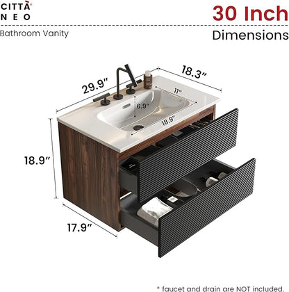 30" Floating Bathroom Vanity with Sink, Modern Wall Mounted Floating Vanity with Ceramic Sink, Double Soft-Close Drawers for Small Space, Apartment, Walnut+Black