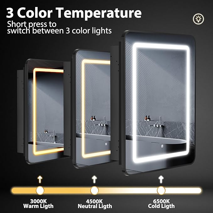 ROOMTEC Lighted Medicine Cabinet with Mirror 24"x30", Bathroom Mirror Cabinet with Lights and Storage, Single Doors Bathroom Wall Cabinet with LED Lights,Black
