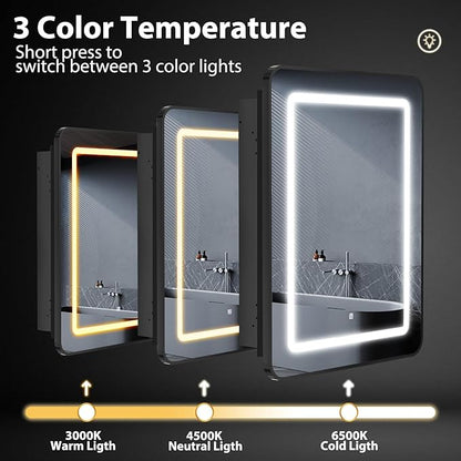 ROOMTEC Lighted Medicine Cabinet with Mirror 24"x30", Bathroom Mirror Cabinet with Lights and Storage, Single Doors Bathroom Wall Cabinet with LED Lights,Black