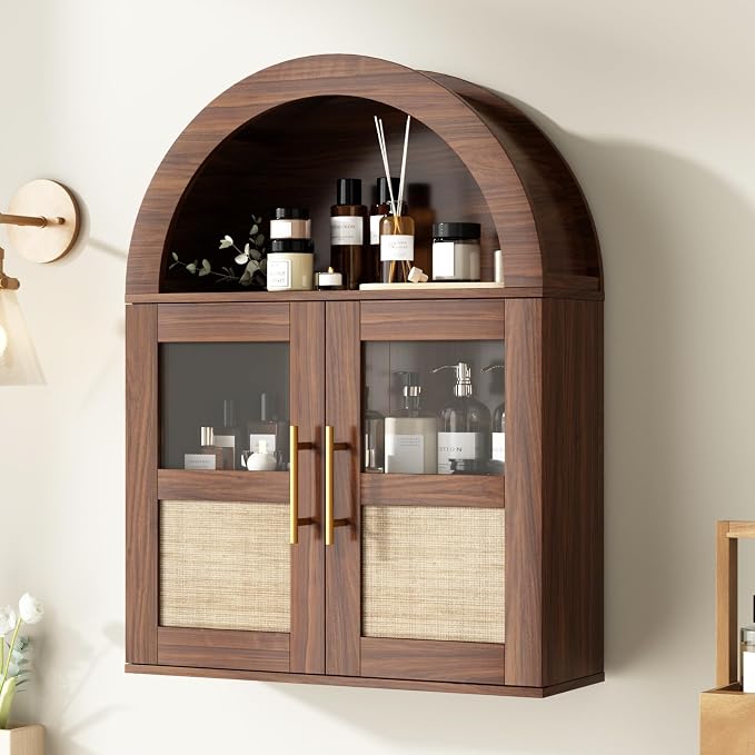 RUSTOWN Arched Bathroom Wall Cabinet with 2 Glass & Rattan Doors | Rattan Medicine Cabinet, Farmhouse Over the Toilet Storage Cabinet, Adjustable Shelves, 3-Tier Wall Mounted Cabinets