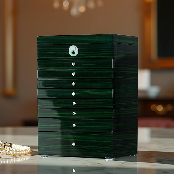 Wooden Jewelry Box Fingerprint Lockable 9-Layers Extra Large Capacity Jewelry Cabinet for Necklace/Rings/Pendants/Bracelets/Watches/Sunglasses Storage&Organizer Women Gifts (Greenwood)
