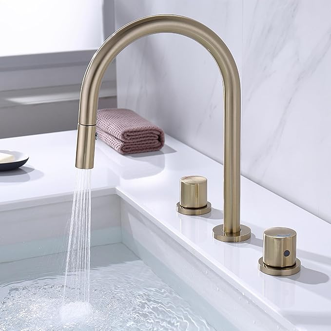 3 Hole Basin Faucets Pull Out Basin Mixer Faucet Dual Mode Bathroom Mixer Faucet Brass-Brushed Gold
