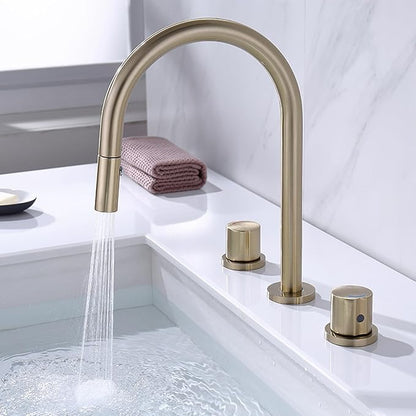 3 Hole Basin Faucets Pull Out Basin Mixer Faucet Dual Mode Bathroom Mixer Faucet Brass-Brushed Gold