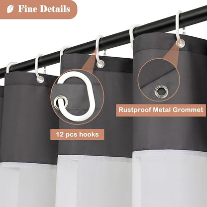 UFRIDAY Dark Gray Shower Curtain with White Mesh Top Window, Heavy Duty Fabric Bathroom Curtain Set with Weighted Bottom Hem, Water Repellency and Easy Care, 72x84 Inches, Extra Long
