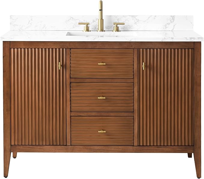 Vanity Art 48 inch Bathroom Vanity with Single Sink & Ceramic Top, Vanity Cabinet with Soft-Closing Door, Solid Wood Frame, Linear Pattern, Walnut, Golden Brushed Handware VA9148-Walnut-GB