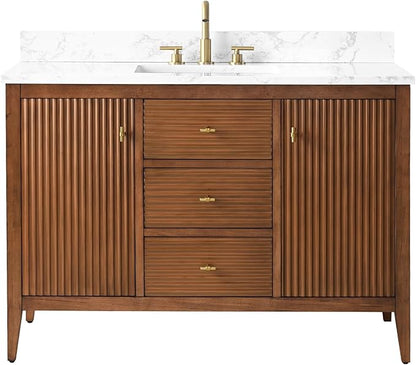 Vanity Art 48 inch Bathroom Vanity with Single Sink & Ceramic Top, Vanity Cabinet with Soft-Closing Door, Solid Wood Frame, Linear Pattern, Walnut, Golden Brushed Handware VA9148-Walnut-GB