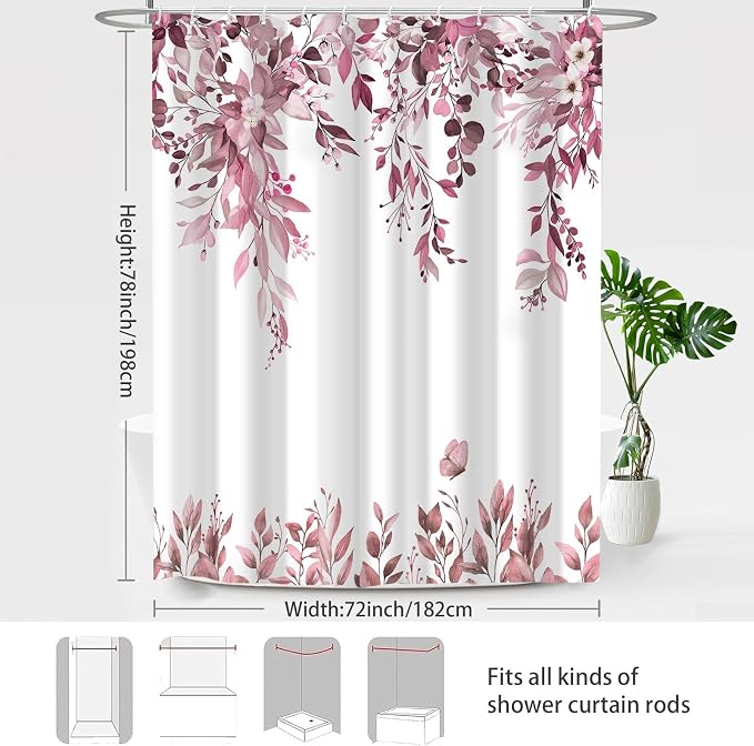 Dark Red Floral Eucalyptus Shower Curtain with Hooks, 72x78 Inch | Waterproof Fabric, Watercolor Leaves and Floral, Botanical Style, Machine Washable, Quick-Drying, for Hotel Bathroom