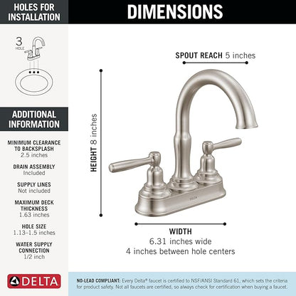Delta Roe Centerset Brushed Nickel Bathroom Faucet, 4 Inch 3 Hole Bathroom Sink Faucet for Vanity, Push-Pop Drain Assembly, Stainless 25985LF-SS