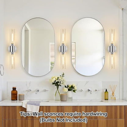 Wall Sconces Set of Two, Modern Bathroom Sconces Wall Lighting with & Clear Glass Glass, Chrome Sconces Wall Decor Set of 2 for Bathroom Mirror Bedroom Living Room Hallway