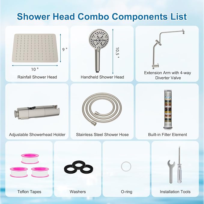 Metal 10" Rain Showerhead with 10-Spray Filter Handheld, 4-way Diverter | Brushed Nickel Finish, NSF/ANSI/CAN 372 Certified, High Pressure Shower Head with Pause Mode, 71" Hose/12" Extension Arm