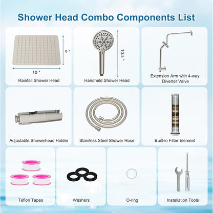 Metal 10" Rain Showerhead with 10-Spray Filter Handheld, 4-way Diverter | Brushed Nickel Finish, NSF/ANSI/CAN 372 Certified, High Pressure Shower Head with Pause Mode, 71" Hose/12" Extension Arm