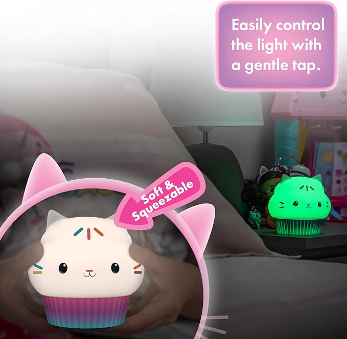 Lights By Night Squish'ems Gabby's Dollhouse Cakey Cat Night Light for Kids | 13 Color Modes and Dimmable Warm White Light for Kids Room, Nursery, and Bedroom, USB Powered with AAA Battery Option