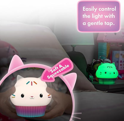 Lights By Night Squish'ems Gabby's Dollhouse Cakey Cat Night Light for Kids | 13 Color Modes and Dimmable Warm White Light for Kids Room, Nursery, and Bedroom, USB Powered with AAA Battery Option
