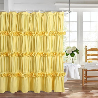 Homechoice Decor Bright Yellow Shower Curtain with 12 Buttonholes | Vintage Handcrafted Bow Tie Bath Curtain for Master Bathroom, Ruched Microfiber Bathroom Curtain, 72" W x 72" H (LQ-10)
