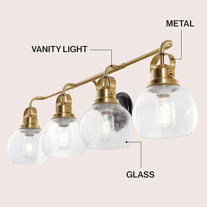 JONATHAN Y 34" Brass Gold/Oil Rubbed Bronze Shirley 4-Light Bathroom Vanity Light, Metal Wall Sconce, Clear Seeded Glass Shade, Modern Transitional Farmhouse Fixture, LED Bulbs Included (JYL7406B)