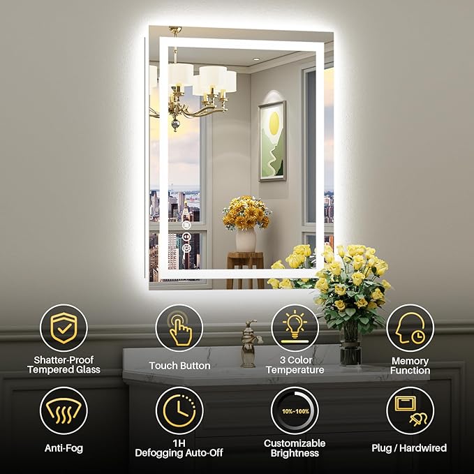 36x32 Inch LED Bathroom Mirror with Lights, Backlit & Front Lit, Anti-Fog Lighted Bathroom Vanity Mirror for Wall, Memory Function, Dimmable, HD Tempered Glass, Shatter-Proof