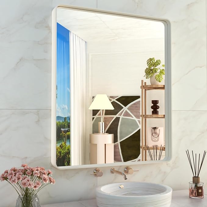 WEER White Metal Framed Bathroom Mirror 28x36 Inch | Rounded Rectangle, Matte White Framed, Tempered Glass, Anti-Rust, Hangs Horizontally or Vertically