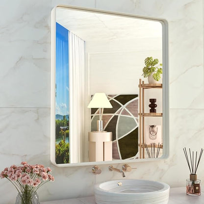 WEER White Metal Framed Bathroom Mirror 28x36 Inch | Rounded Rectangle, Matte White Framed, Tempered Glass, Anti-Rust, Hangs Horizontally or Vertically