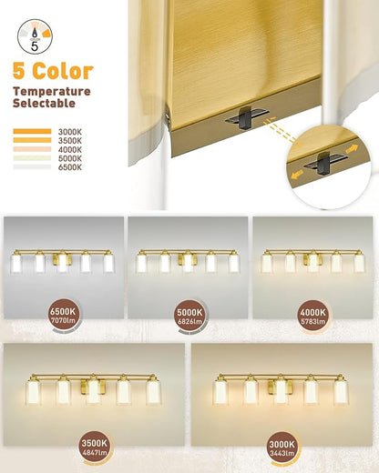 HWH 5-Light Vanity Light, Brushed Gold, Clear Glass, 30W, 5HLT63B-5W-LED BG | Dimmable, 5CCT, Modern, Bathroom Light Fixtures Vanity Lights Over Mirror, Vanity Lights for Bathroom, For Dressing Table