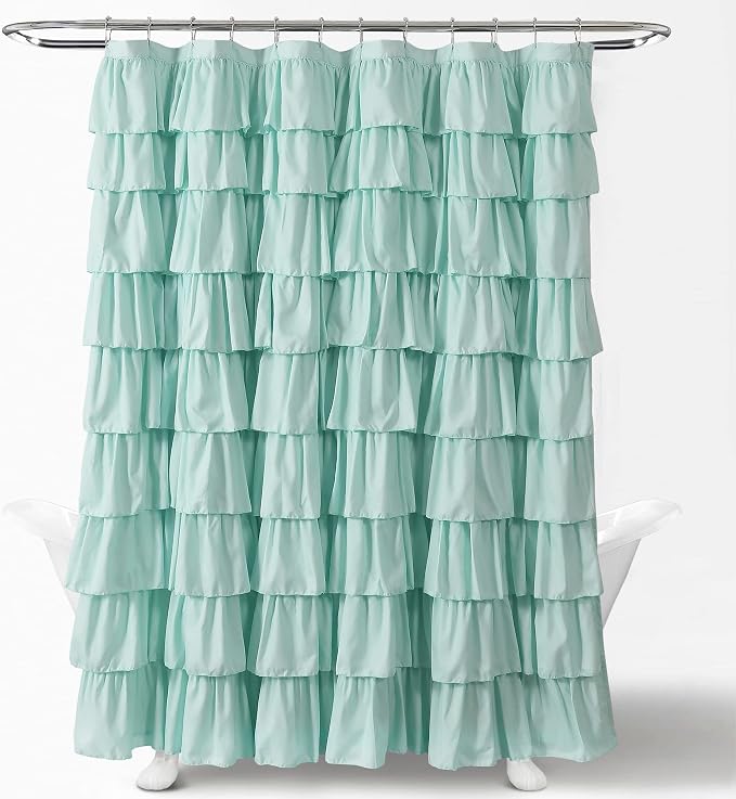 Lush Decor Ruffle Shower Curtain | Floral Textured Vintage Chic Farmhouse Style Design, Light Turquoise, 72" x 72"