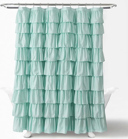 Lush Decor Ruffle Shower Curtain | Floral Textured Vintage Chic Farmhouse Style Design, Light Turquoise, 72" x 72"
