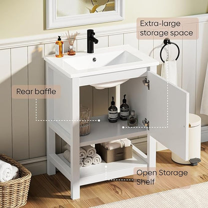 24 Inch Bathroom Vanity with Sink, Small Farmhouse Freestanding Bathroom Cabinet Combo Set, Soft Closing Door and Open Storage Shelf, White