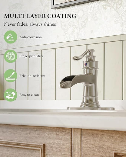 Homevacious Bathroom Faucet Brushed Nickel Waterfall Bathroom Sink Faucets with Single Handle Rustic Vanity Farmhouse RV Faucet Suitable for 1 or 3 Holes with Pop-up Drain Deck Plate Hose