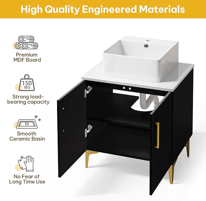 YITAHOME 24 Inch Bathroom Vanity with Vacuum Forming | Storage Cabinet Vanity with Engineered White Stone Countertop, 2 Large Soft Closing Doors with Shelf, Gold Handles & Legs