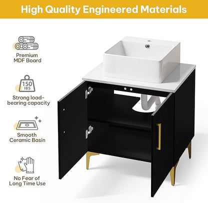 YITAHOME 24 Inch Bathroom Vanity with Vacuum Forming | Storage Cabinet Vanity with Engineered White Stone Countertop, 2 Large Soft Closing Doors with Shelf, Gold Handles & Legs