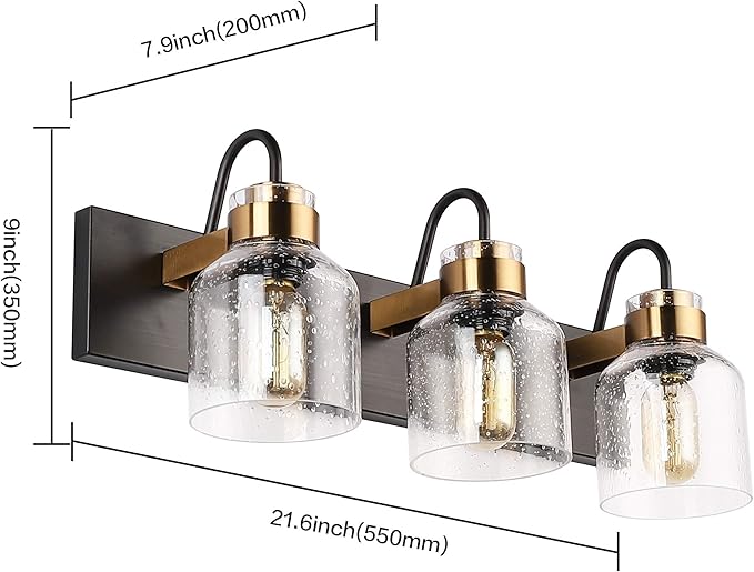 PRESDE Black Vintage Bathroom Vanity Light Fixtures Over Mirror Bath 3-Light Vanity Glass Globe Lighting