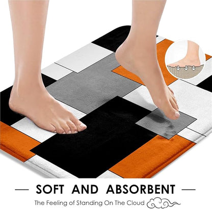Bathroom Sets with Shower Curtain and Rugs, 4 Pcs, Geometric | Checkered Modern Abstract Orange Bathroom Decor Set with Toilet Lid Cover, Non-Slip Bath Mats and Accessories 12 Hooks
