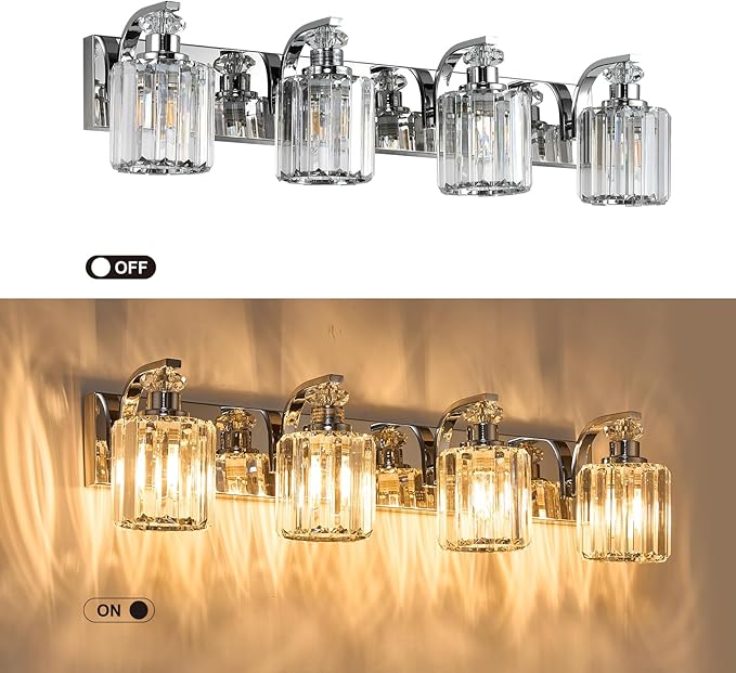Chrome Bathroom Light Fixtures with K9 Crystal Lampshade Bathroom Lighting Over Mirror Vanity Lights for Living Room,Bedroom,Restroom,Hallway 4 Lights