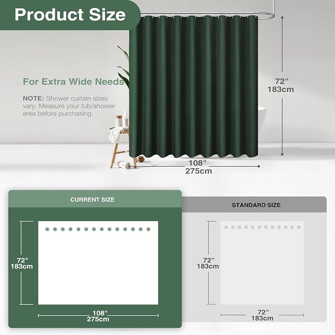 Extra Wide Waffle Shower Curtain 256 GSM Fabric 108x72 Dark Green | 108 Inch Wide, Thick Cloth, Weighted Hem, Water Repellent, Hotel Luxury Polyester Shower Curtain Set for Bathroom 18 Hooks