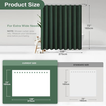 Extra Wide Waffle Shower Curtain 256 GSM Fabric 108x72 Dark Green | 108 Inch Wide, Thick Cloth, Weighted Hem, Water Repellent, Hotel Luxury Polyester Shower Curtain Set for Bathroom 18 Hooks