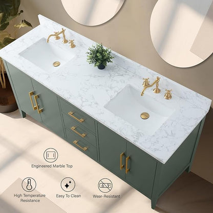 Vanity Art 72 inch Bathroom Vanity with Double Sink & Ceramic Top, Vanity Cabinet with Soft-Closing Doors, Drawers, Solid Wood Frame, Vintage Green, Brushed Nickle Handware
