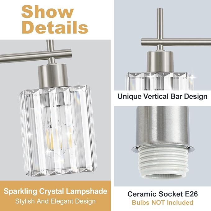 Brushed Nickel Bathroom Light Fixtures, Square, 3-Light | Vanity Lights with Crystal Shades, Modern Bathroom Lighting Fixtures over Mirror (Bulbs Not Included, E26)