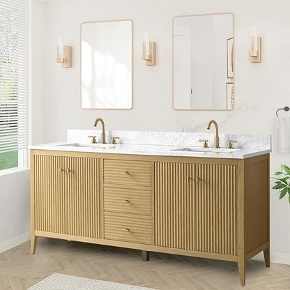 HOMEBEYOND 72" Bathroom Vanity with Double Sink, Solid Wood Bathroom Vanity Free-Standing Cabinet, Ceramic Top & Soft Closing Door, Golden Brushed Handware,Natural Oak