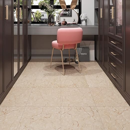 Livelynine Floor Tiles Peel and Stick Waterproof Vinyl Flooring Sheet Earthy Stick on Floor Tile Bathroom Flooring Tiles Sticky Laminate Farmhouse Neutral Kitchen 12x12 4-Pack Tan Beige Marble Brown